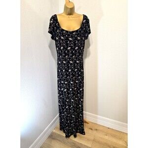 Vintage Jalate Sheath Maxi Floral Dress Med Jersey Stretch Embroidered Black Tan